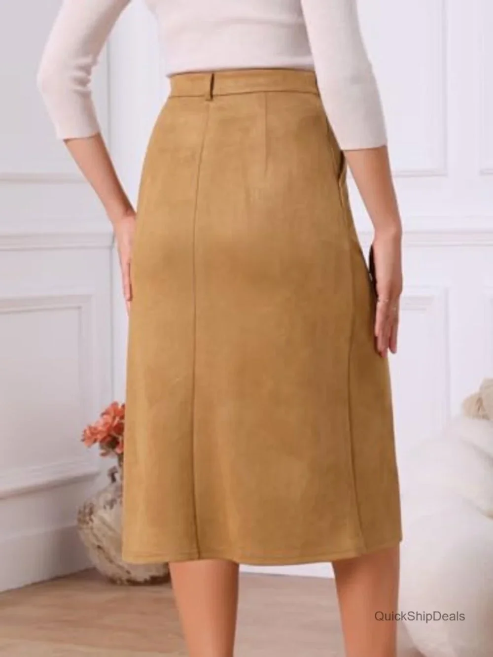 Faux Suede High Waist A-Line Midi Skirt with Belt Loops & Pockets
